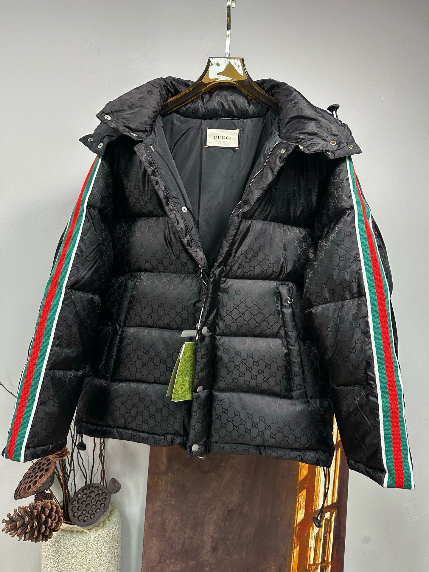 Black Monogram Puffer Jacket with Stripe Sleeves