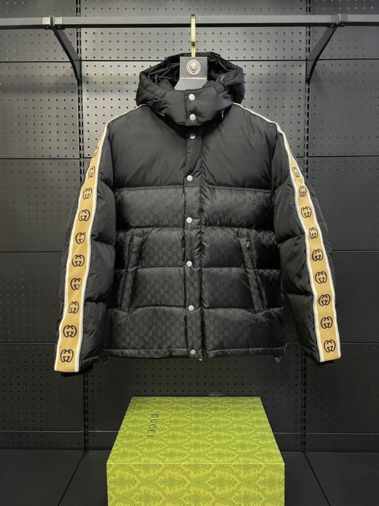 Black Monogram Stripe Puffer Jacket – Society Drip Exclusive