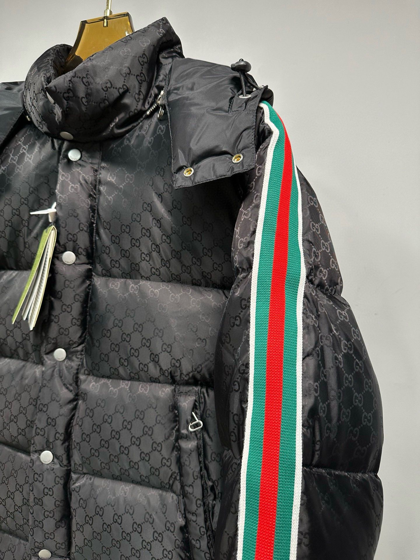 Black Monogram Puffer Jacket with Stripe Sleeves