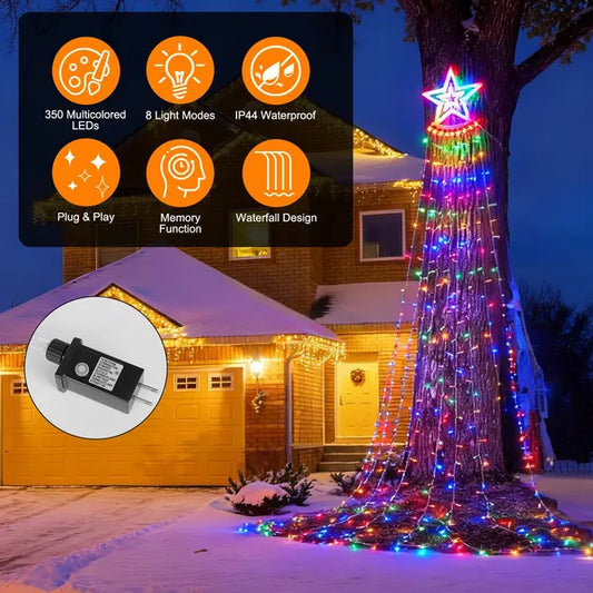 1Pc 11.48FT 350LED Multicolored Christmas Star Waterfall Tree String Light Indoor Outdoor Waterproof String Lights With Star Topper 8 Light Modes Memory Function For Holiday Wedding Yard Party Home